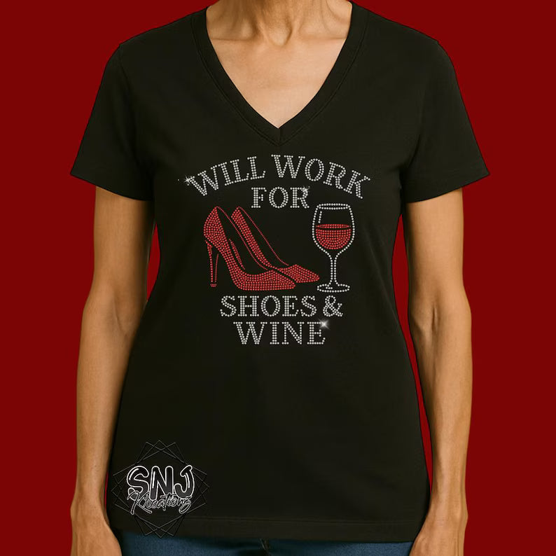Rhinestone Shoes & Wine V-Neck Shirt • Funny Wine Lover Tee