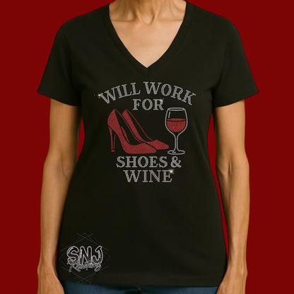 Rhinestone Shoes & Wine V-Neck Shirt • Funny Wine Lover Tee