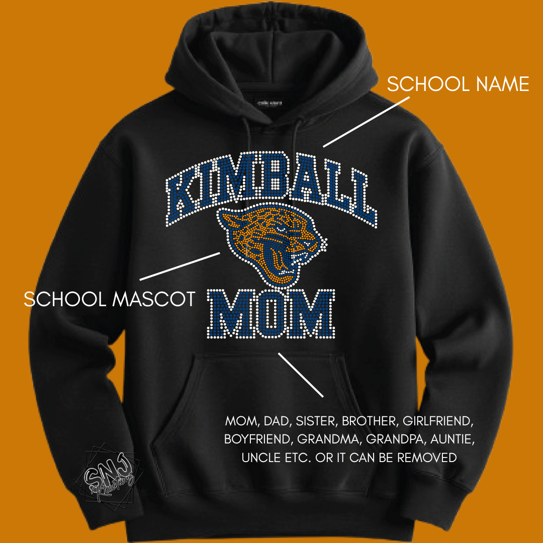 Custom School Spirit Bling Hoodie, Crewneck or T-Shirt — Rhinestone Sports Mom & Team Wear