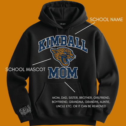 Custom School Spirit Bling Hoodie, Crewneck or T-Shirt — Rhinestone Sports Mom & Team Wear