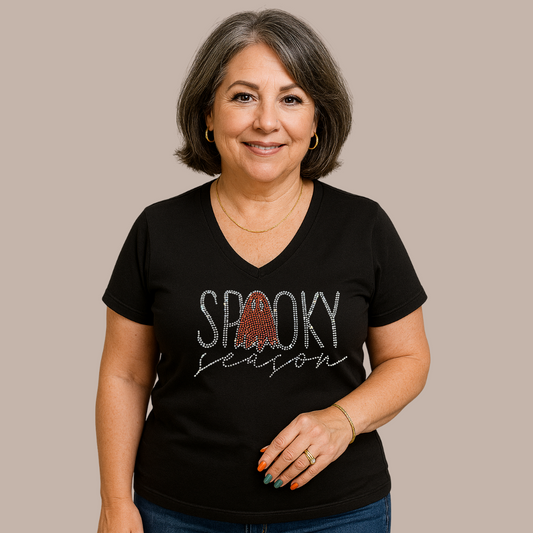 Spooky Season Rhinestone V-Neck T-Shirt