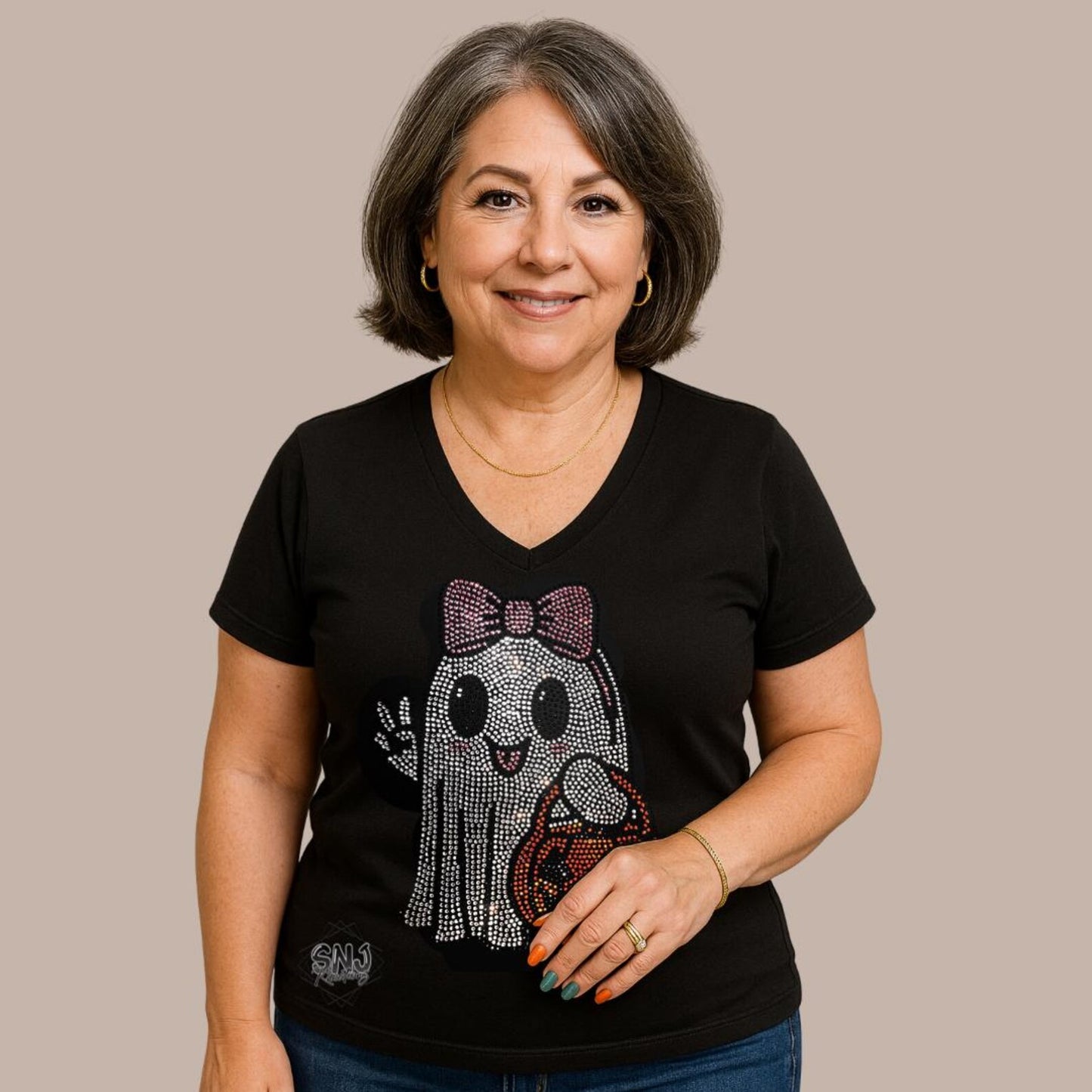 Rhinestone Ghost Halloween Shirt: Sparkly Bow and Pumpkin Tee