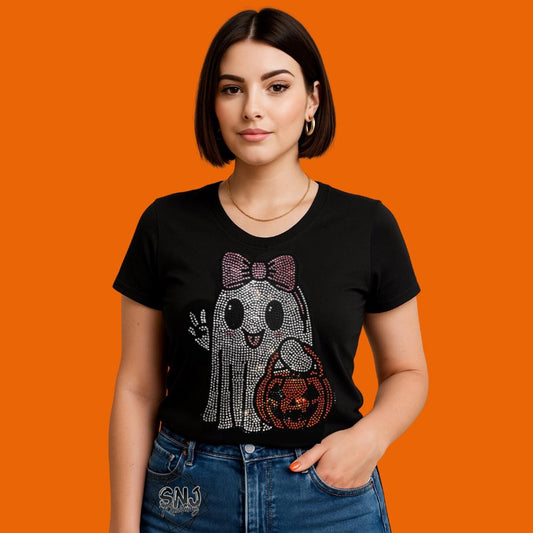 Rhinestone Ghost Halloween Shirt: Sparkly Bow and Pumpkin Tee