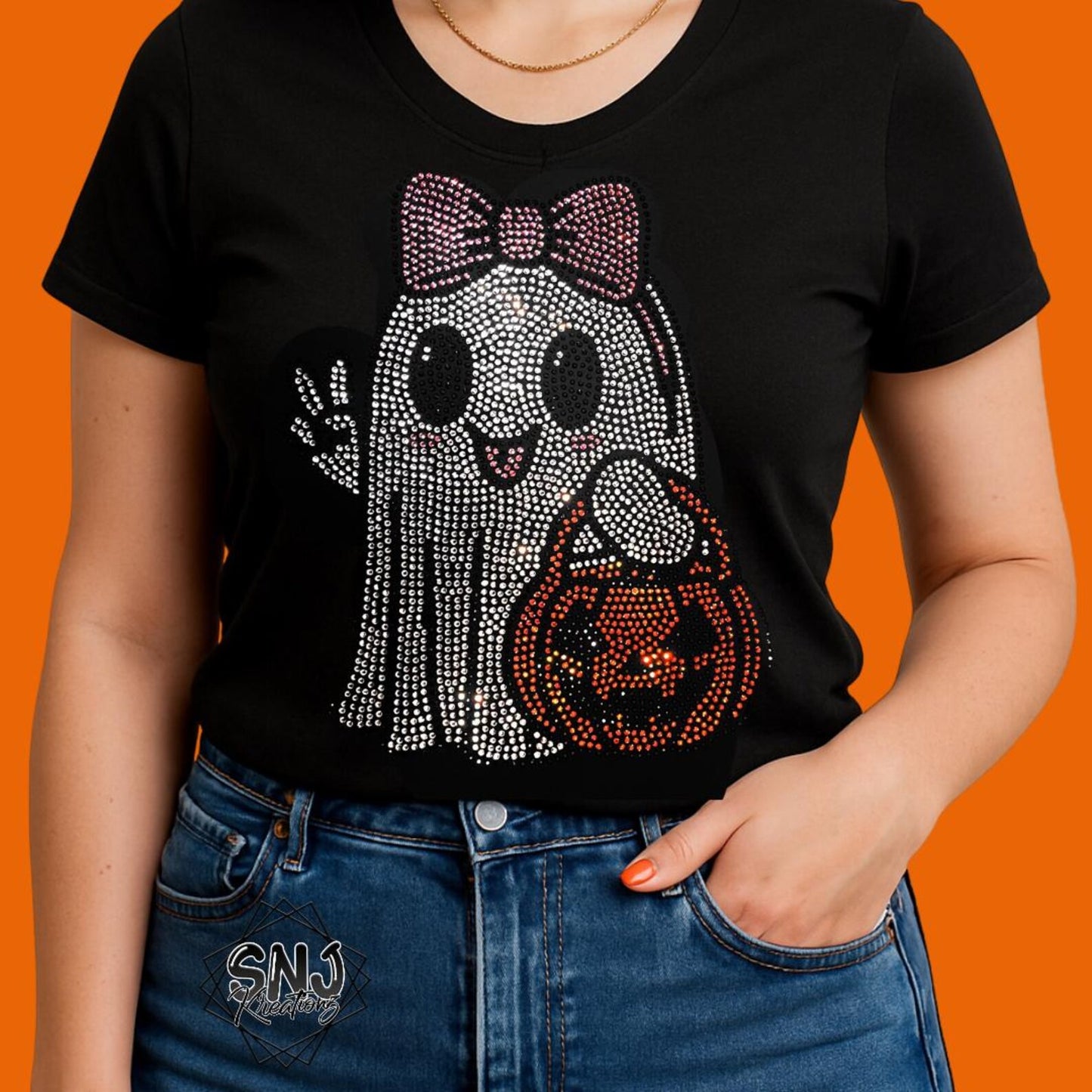 Rhinestone Ghost Halloween Shirt: Sparkly Bow and Pumpkin Tee