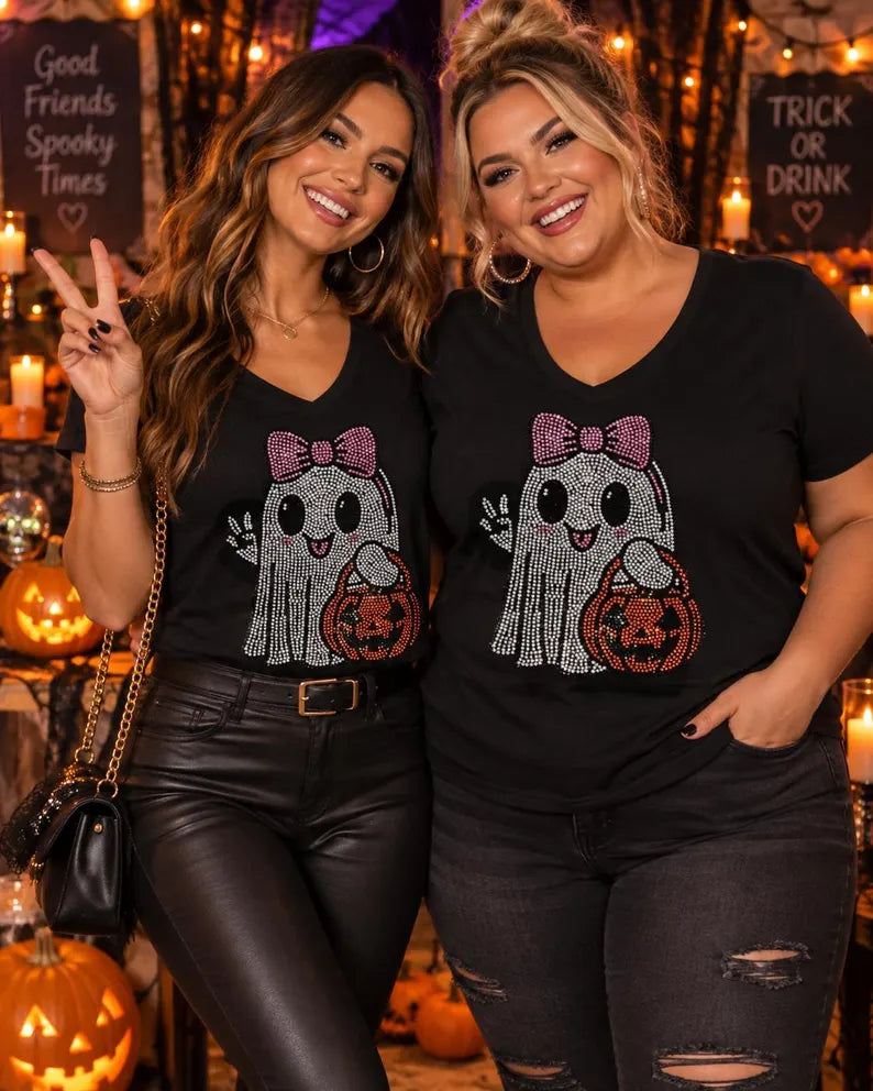 Rhinestone Ghost Halloween Shirt: Sparkly Bow and Pumpkin Tee