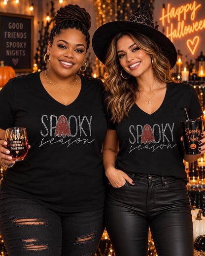 Spooky Season Rhinestone V-Neck T-Shirt