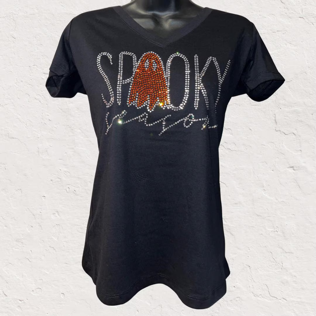 Spooky Season Rhinestone V-Neck T-Shirt